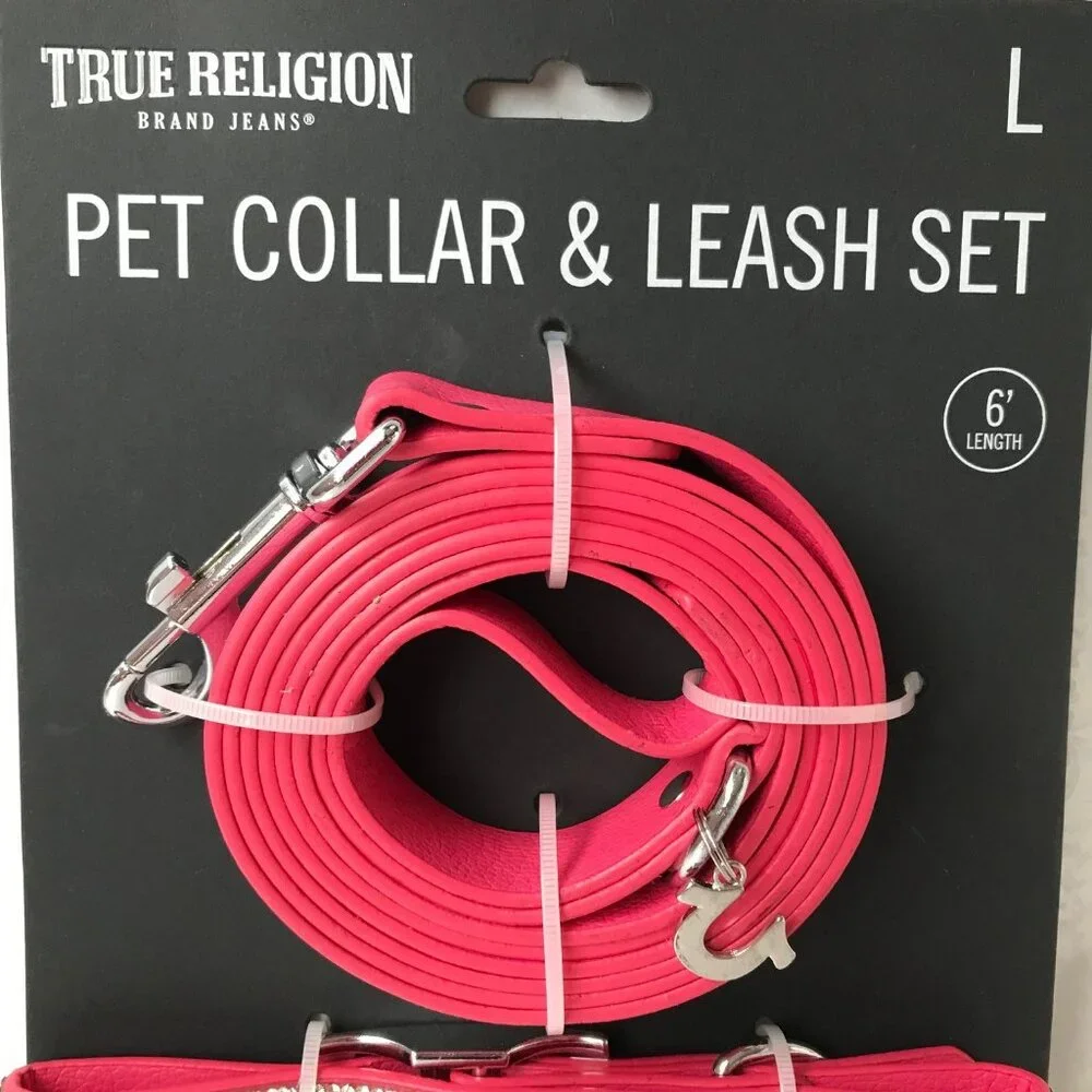 True Religion Pet Collar & Leash Set  Horseshoe Charms Logo Pink  Size : L